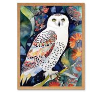 Artery8 Wall Art Print Snowy Owl On Blooming Tree Folk Art Framed in Light Oak | Size: W12" x H16" Artery8 Light Oak W12" x H16"