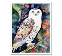 Artery8 Wall Art Print Snowy Owl On Blooming Tree Folk Art Framed in White | Size: W12" x H16" Artery8 White W12" x H16"