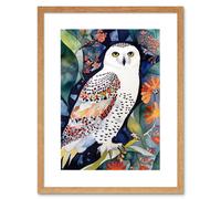 Artery8 Wall Art Print Snowy Owl On Blooming Tree Folk Artwork Framed 9X7 Inch in Beige | Size: W7" x H9" Artery8 Beige W7" x H9"