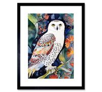 Artery8 Wall Art Print Snowy Owl On Blooming Tree Folk Artwork Framed 9X7 Inch in Black | Size: W7" x H9" Artery8 Black W7" x H9"