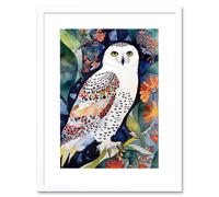 Artery8 Wall Art Print Snowy Owl On Blooming Tree Folk Artwork Framed 9X7 Inch in White | Size: W7" x H9" Artery8 White W7" x H9"