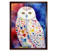 Artery8 Wall Art Print Snowy Owl With Multicoloured Spot Feathers Folk Art Framed in Brown | Size: W12" x H16" Artery8 Brown W12" x H16"