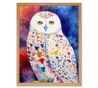 Artery8 Wall Art Print Snowy Owl With Multicoloured Spot Feathers Folk Art Framed in Light Oak | Size: W12" x H16" Artery8 Light Oak W12" x H16"