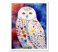 Artery8 Wall Art Print Snowy Owl With Multicoloured Spot Feathers Folk Art Framed in White | Size: W12" x H16" Artery8 White W12" x H16"