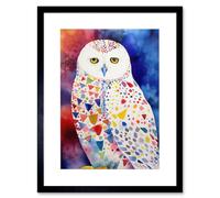 Artery8 Wall Art Print Snowy Owl With Multicoloured Spot Feathers Folk Artwork Framed 9X7 Inch in Black | Size: W7" x H9" Artery8 Black W7" x H9"