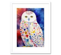 Artery8 Wall Art Print Snowy Owl With Multicoloured Spot Feathers Folk Artwork Framed 9X7 Inch in White | Size: W7" x H9" Artery8 White W7" x H9"
