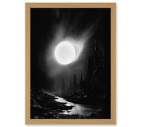 Wall Art Print Solar Flares Dramatic Fantasy Landscape Black and White Surreal Hades Underworld Artwork Framed A4 Artery8 Light Oak A4