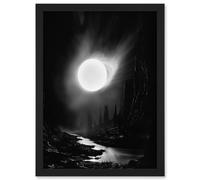 Wall Art Print Solar Flares Dramatic Fantasy Landscape Black and White Surreal Hades Underworld Artwork Framed A4 Artery8 Black A4
