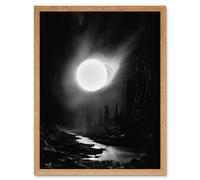 Artery8 Wall Art Print Solar Flares Dramatic Fantasy Landscape Black & White Surreal Hades Underworld Artwork Art Framed | Size: W12" x H16" Artery8 Light Oak W12" x H16"