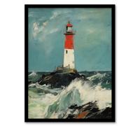 Artery8 Wall Art Print Solitary Lighthouse Against A Stormy Sea Modern Oil Painting Ocean Colours With Red Art Framed in Black | Size: W12" x H16" Artery8 Black W12" x H16"