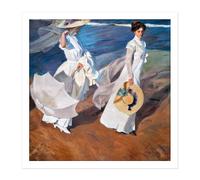 Artery8 Wall Art Print Sorolla Strolling Along The Seashore Painting Square Framed Picture 16X16 Inch in White | Size: W16" x H16" Artery8 White W16" x H16"