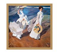 Artery8 Wall Art Print Sorolla Strolling Along The Seashore Painting Square Framed Picture 16X16 Inch in Light Oak | Size: W16" x H16" Artery8 Light Oak W16" x H16"