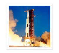 Artery8 Wall Art Print Space NASA Apollo 11 Rocket Launch Lift Off-Photo Square Framed Picture 16X16 Inch in White | Size: W16" x H16" Artery8 White W16" x H16"
