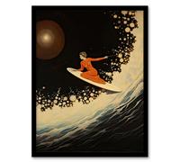 Artery8 Wall Art Print Space Surfing Vintage Surreal Oil Painting Intergalactic Surfer Woman Riding Celestial Wave Artwork Framed in Black | Size: A4 Artery8 Black A4
