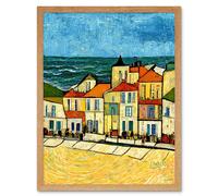 Artery8 Wall Art Print Spain Costa Brava Seaside Van Gogh Style Modern Art Framed in Light Oak | Size: W12" x H16" Artery8 Light Oak W12" x H16"