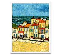 Artery8 Wall Art Print Spain Costa Brava Seaside Van Gogh Style Modern Art Framed in White | Size: W12" x H16" Artery8 White W12" x H16"