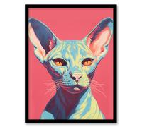 Artery8 Sphynx Cat Screen Print Pink Blue Coral Teal Risograph Artwork Spot Block Colour Duotone Retro Riso Interior Design Artwork Framed Wall Art Print A4