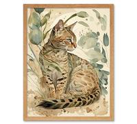 Artery8 Wall Art Print Spotted Fur Coat Bengal Cat in Nature Pastel Watercolour Art Framed in Light Oak | Size: W12" x H16" Artery8 Light Oak W12" x H16"