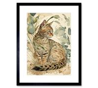 Artery8 Wall Art Print Spotted Fur Coat Bengal Cat in Nature Pastel Watercolour Artwork Framed 9X7 Inch in Black | Size: W7" x H9" Artery8 Black W7" x H9"