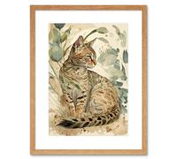 Artery8 Wall Art Print Spotted Fur Coat Bengal Cat in Nature Pastel Watercolour Artwork Framed 9X7 Inch in Beige | Size: W7" x H9" Artery8 Beige W7" x H9"