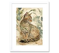 Artery8 Wall Art Print Spotted Fur Coat Bengal Cat in Nature Pastel Watercolour Artwork Framed 9X7 Inch in White | Size: W7" x H9" Artery8 White W7" x H9"