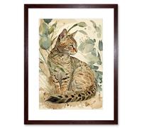 Artery8 Wall Art Print Spotted Fur Coat Bengal Cat in Nature Pastel Watercolour Artwork Framed 9X7 Inch in Brown | Size: W7" x H9" Artery8 Brown W7" x H9"