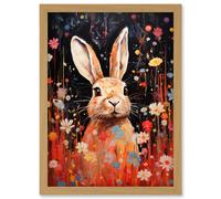 Artery8 Spring Bliss Oil Painting Cute Bunny Rabbit in a Daisy Flower Meadow Kids Bedroom Artwork Framed Wall Art Print A4