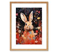 Artery8 Spring Bliss Oil Painting Cute Bunny Rabbit in a Daisy Flower Meadow Kids Bedroom Artwork Framed Wall Art Print 9X7 Inch