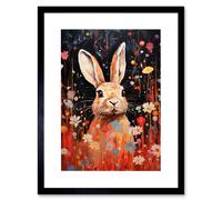 Artery8 Wall Art Print Spring Bliss Oil Painting Cute Bunny Rabbit in a Daisy Flower Meadow Kids Bedroom Artwork Framed 9X7 Inch | Size: W7" x H9" Artery8 Black W7" x H9"