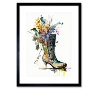 Artery8 Wall Art Print Spring Flower Bouquet in High Heeled Combat Boot Artwork Framed 9X7 Inch in Black | Size: W7" x H9" Artery8 Black W7" x H9"