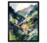 Artery8 Wall Art Print Spring Mountain Slope Landscape Modern Linocut Art Framed in Black | Size: W12" x H16" Artery8 Black W12" x H16"