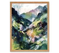 Artery8 Wall Art Print Spring Mountain Slope Landscape Modern Linocut Art Framed in Light Oak | Size: W12" x H16" Artery8 Light Oak W12" x H16"
