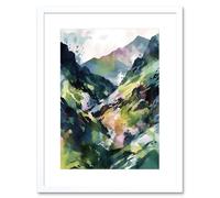 Artery8 Wall Art Print Spring Mountain Slope Landscape Modern Linocut Artwork Framed 9X7 Inch in White | Size: W7" x H9" Artery8 White W7" x H9"