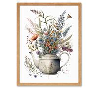 Artery8 Wall Art Print Spring Wildflower Bouquet in White Ceramic Teapot Art Framed in Light Oak | Size: W12" x H16" Artery8 Light Oak W12" x H16"