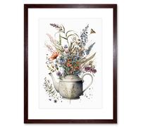 Artery8 Wall Art Print Spring Wildflower Bouquet in White Ceramic Teapot Artwork Framed 9X7 Inch in Brown | Size: W7" x H9" Artery8 Brown W7" x H9"