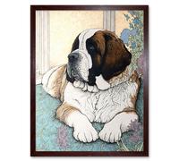Artery8 Wall Art Print St Bernard Dog Lying by Flower Pot Modern Bright Multicoloured Art Framed in Brown | Size: W12" x H16" Artery8 Brown W12" x H16"