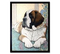 Artery8 Framed Wall Art St Bernard Dog Lying By Flower Pot Modern Bright Multicoloured - 12X16 Inch