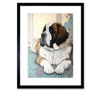 Artery8 Wall Art Print St Bernard Dog Lying By Flower Pot Modern Bright Multicoloured Artwork Framed 9X7 Inch