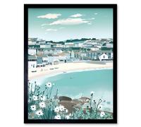 Artery8 Wall Art Print St Ives Bay Daisies Soft Pastel Coastal Cityscape Art Framed in Black | Size: W12" x H16" Artery8 Black W12" x H16"