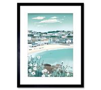 Artery8 Wall Art Print St Ives Bay Daisies Soft Pastel Coastal Cityscape Artwork Framed 9X7 Inch in Black | Size: W7" x H9" Artery8 Black W7" x H9"