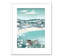 Artery8 Wall Art Print St Ives Bay Daisies Soft Pastel Coastal Cityscape Artwork Framed 9X7 Inch in White | Size: W7" x H9" Artery8 White W7" x H9"