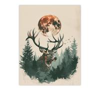 Artery8 Wall Art Print Stag Full Moon Pine Trees Forest Artistic Design Poster in Green | Size: W18" x H24" Artery8 Green W18" x H24"