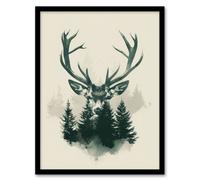 Artery8 Wall Art Print Stag Head & Pine Trees Forest Design Art Framed Poster in Black | Size: W12" x H16" Artery8 Black W12" x H16"