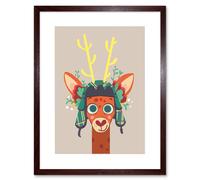 Artery8 Wall Art Print Stag with Tartan Hat Art Framed 9x7 inch in Brown | Size: W7" x H9" Artery8 Brown W7" x H9"