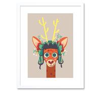 Artery8 Wall Art Print Stag with Tartan Hat Art Framed 9x7 inch in White | Size: W7" x H9" Artery8 White W7" x H9"