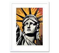 Artery8 Wall Art Print Statue of Liberty Comic Book Style Black Red Yellow New York City Skyscraper Artwork Framed 9X7 Inch in White | Size: W7" x H9" Artery8 White W7" x H9"