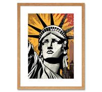 Artery8 Wall Art Print Statue of Liberty Comic Book Style Black Red Yellow New York City Skyscraper Artwork Framed 9X7 Inch in Beige | Size: W7" x H9" Artery8 Beige W7" x H9"