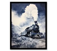 Artery8 Wall Art Print Steam Train Ride Through Mountain Valley Blue Framed Art Picture | Size: W12" x H16" Artery8 Blue W12" x H16"