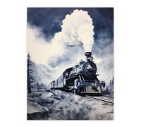 Artery8 Wall Art Print Steam Train Ride Through Mountain Valley Blue Poster Picture | Size: W12" x H16" Artery8 Blue W12" x H16"