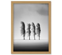 Wall Art Print Still Holding Strong Black and White Winter Landscape Photograph Wind Blowing on a Row of Cypress Hills Artwork Framed A4 Artery8 Light Oak A4